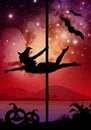 Halloween style silhouette of female pole dancer. performing pole moves in front of river and stars. Pole dancer in front of space