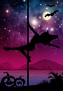 Halloween style silhouette of female pole dancer. performing pole moves in front of river and stars. Pole dancer in front of space