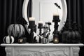 Halloween stylish black and white autumnal decor for party. Interior details