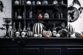 Halloween stylish black and white autumnal decor for party. Interior details