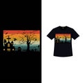 Halloween stylish retro color T-shirt design with a haunted house and dead trees. Halloween scary T-shirt design with vintage Royalty Free Stock Photo