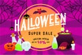 Halloween Super Sale With Purple Rays Background and Witch Ornament, Cute Flying Bat, Cute Spider`s Royalty Free Stock Photo