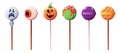 Halloween sweet lollipops, round lollipops. Vector cartoon set of caramel suckers with patterns, candy on a stick with a