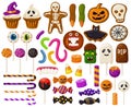 Halloween sweets. Cartoon halloween candies, spooky lollipops, cupcakes and scary jelly sweets vector illustration set