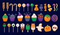 Halloween sweets. October holiday, kids autumn party. Trick or treat sweet candy, chocolate, pumpkin cookie, colorful Royalty Free Stock Photo