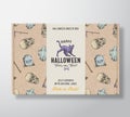 Halloween Sweets Pattern Realistic Cardboard Box with Banner. Abstract Vector Packaging Design or Label. Hand Drawn