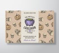 Halloween Sweets Pattern Realistic Cardboard Box with Banner. Abstract Vector Packaging Design or Label. Hand Drawn