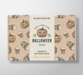 Halloween Sweets Pattern Realistic Cardboard Box with Banner. Abstract Vector Packaging Design or Label. Hand Drawn