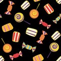 Halloween sweets seamless pattern. Vector design candies with halloween elements scattered background. Many types spooky Royalty Free Stock Photo