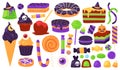 Halloween sweets. Trick or treats candies and dessert with spooky decoration, witch hat, pumpkin, spider web. Autumn Royalty Free Stock Photo