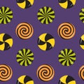 Halloween swirl sweet candies, round lollipops, bonbons seamless pattern.