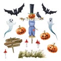 Halloween symbol elements watercolor painted set. Hand drawn pumpkin head scarecrow, bats, ghosts, pumpkins halloween