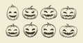 Halloween symbol. set of funny pumpkins, sketch. vintage vector illustration