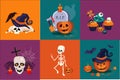 Halloween symbols set. Funny skeleton. Traditional holiday sweets, pumpkin in witch hat, skull, burning candles. Flat Royalty Free Stock Photo