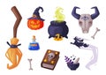 Halloween Symbols Collection, Holiday Party Design Elements, Broom, Pumpkin, Witch Cauldron, Buffalo Skull, Magic Book Royalty Free Stock Photo