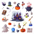 Halloween Symbols Collection, Holiday Party Design Elements, Scary Gothic House, Pumpkin, Witch Cauldron, Ghost, Magic