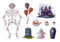 Halloween Symbols Collection, Holiday Party Design Elements, Skeleton, Balloon, Coffin, Gravestone, Castle Cartoon Style