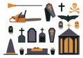 Halloween symbols flat vector illustrations set. Haunted cemetery design elements isolated on white background Royalty Free Stock Photo