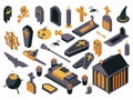 Halloween symbols isometric vector illustrations set. Haunted cemetery design elements, autumn holiday 3d icons pack Royalty Free Stock Photo