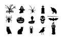 Halloween symbols vector silhouette illustration isolated. Pumpkin scary face laughing. Jack O Lantern. Spooky raven, snake, owl.
