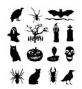 Halloween symbols vector silhouette illustration isolated. Pumpkin scary face laughing. Jack O Lantern. Spooky raven, snake, owl.