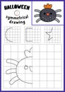 Halloween symmetrical drawing worksheet. Complete the spider picture. Vector autumn holiday writing practice worksheet. Printable