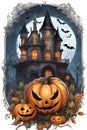Halloween t-shirt design of a castle with scary face pumpkins, bats, and moon, sticker, watercolor