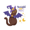 Halloween t-shirt design with decorated phrase Tonight we fly and cute black cat weating bat wings and with hat. Perfect Royalty Free Stock Photo