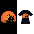 Halloween T-shirt design with vintage color and haunted house. Haunted house silhouette design with pumpkin lantern. Scary T-shirt Royalty Free Stock Photo