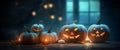halloween table fear mystery evil background celebration night horror blue pumpkin. Generative AI.