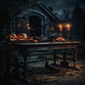 a halloween table with pumpkins and candles in front of a house