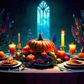 Halloween table with pumpkins, candlesticks, candles and autumn leaves generative AI