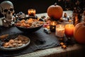 a halloween party table with peanuts and skulls. Generative AI