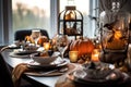 Halloween table setting with pumpkins decor