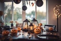 Halloween table setting with pumpkins and skulls