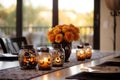 Halloween table setting with pumpkins and skulls