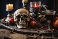 a halloween table with a skull wine glass and candles
