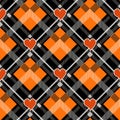 Halloween Tartan plaid with heart. Scottish pattern in orange, black and gray cage. Scottish cage. Traditional Scottish checkered