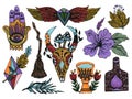 Halloween Tattoo cartoon old school style watercolor bohemian gypsy buffalo horn elements For wrapping paper, cards, posters,