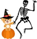 Halloween teddy bear on top of pumpkin with skeleton Royalty Free Stock Photo