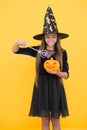 Halloween teen girl in witch hat hold magic wand and pumpkin jack o lantern for witchcraft, happy halloween Royalty Free Stock Photo