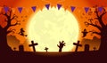 Halloween template background in orange theme with dread tree in graveyard and ghost and witch. Royalty Free Stock Photo