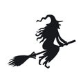 Halloween template. Black silhouette of a witch woman on a broomstick