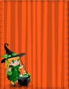 Halloween template with kawaii witch girl, broom and cauldron framed with spiderweb on striped orange background. Royalty Free Stock Photo