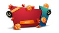 Halloween template, horizontal red template in cartoon style with Halloween balloons and button Royalty Free Stock Photo
