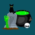 Halloween template. Pot with magical potion and hand of zombie.