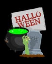 Halloween template. Pot with magical potion and hand of zombie.