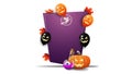 Halloween template, vertical purple template in cartoon style with Halloween balloons, pumpkin Jack and witch`s potion Royalty Free Stock Photo