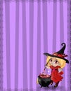 Halloween template with witch girl, bat and cauldron framed with spiderweb on striped violet background. Royalty Free Stock Photo