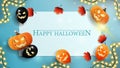 Halloween template for your creativity with paper sheet. blue template with Halloween balloons, pumpkins, autumn leaves
